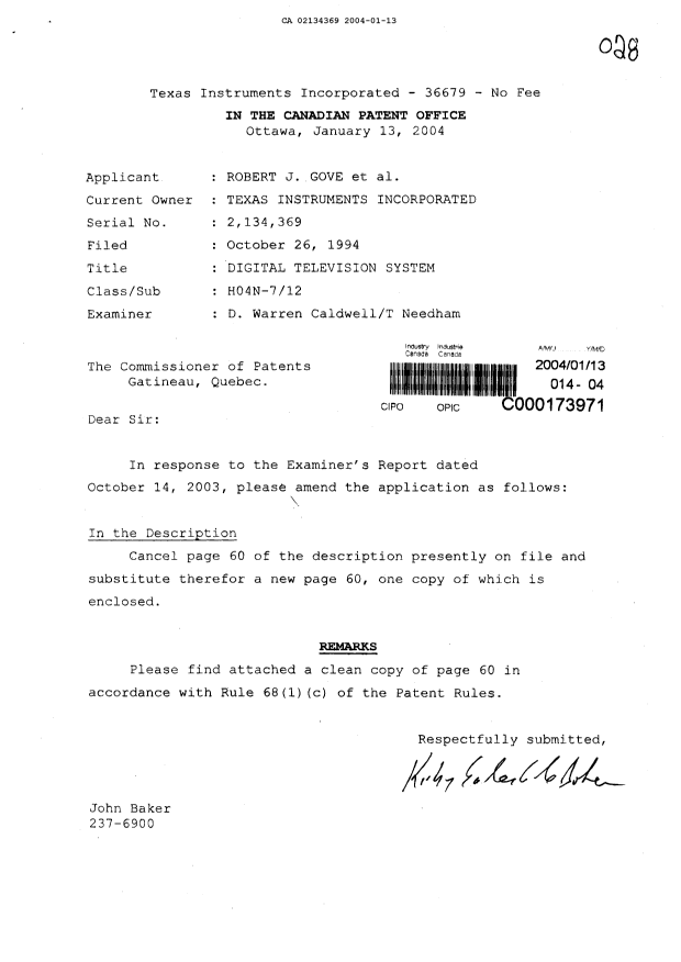 Canadian Patent Document 2134369. Correspondence 20031213. Image 1 of 2