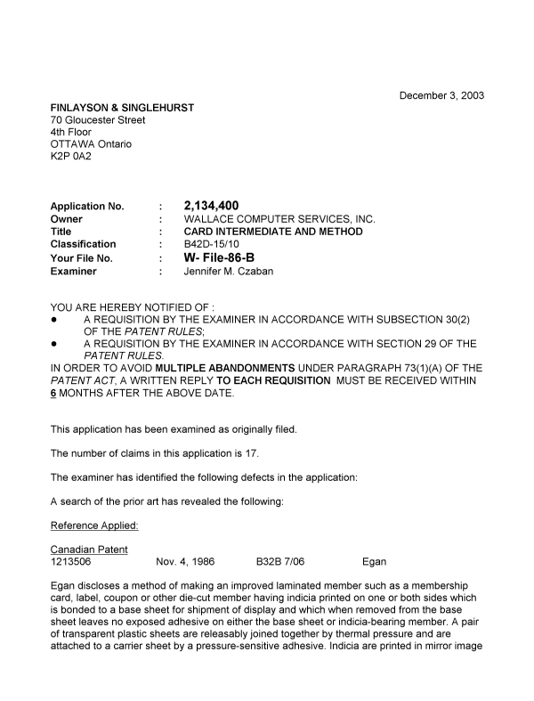 Canadian Patent Document 2134400. Prosecution-Amendment 20021203. Image 1 of 3