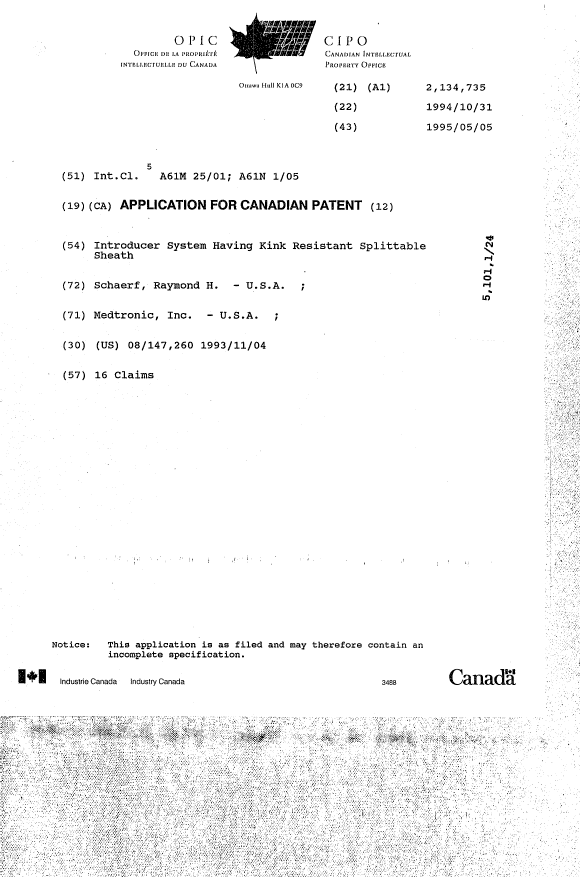Canadian Patent Document 2134735. Cover Page 19941222. Image 1 of 1