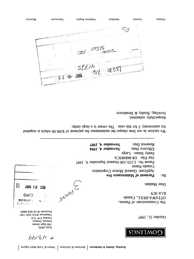 Canadian Patent Document 2135108. Fees 19971021. Image 1 of 1