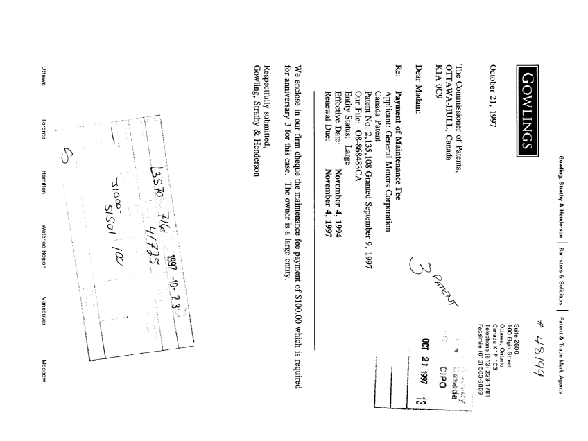 Document de brevet canadien 2135108. Taxes 19971021. Image 1 de 1
