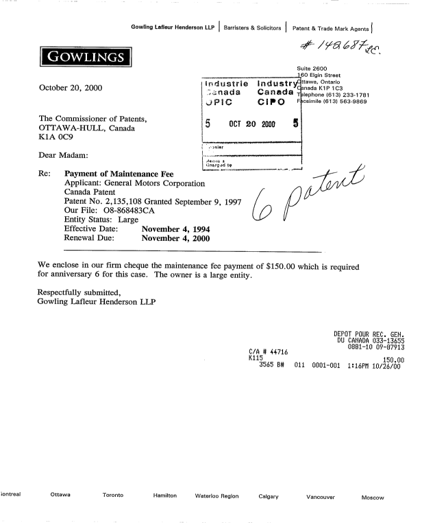 Canadian Patent Document 2135108. Fees 20001020. Image 1 of 1