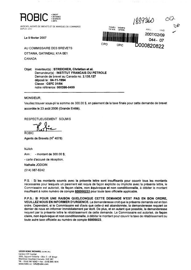 Document de brevet canadien 2135127. Correspondance 20070209. Image 1 de 1