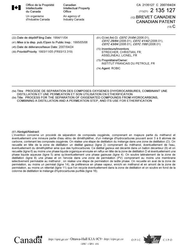 Canadian Patent Document 2135127. Cover Page 20070403. Image 1 of 1