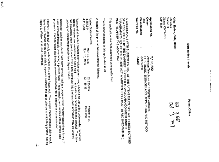 Document de brevet canadien 2135222. Demande d'examen 19971003. Image 1 de 2