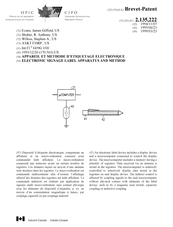 Canadian Patent Document 2135222. Cover Page 19990316. Image 1 of 1