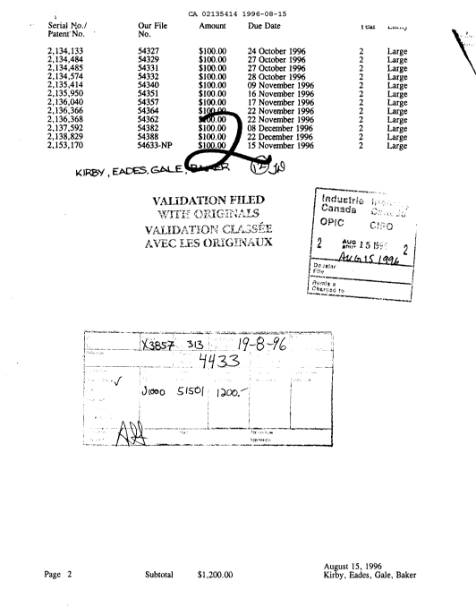 Document de brevet canadien 2135414. Taxes 19960815. Image 1 de 1