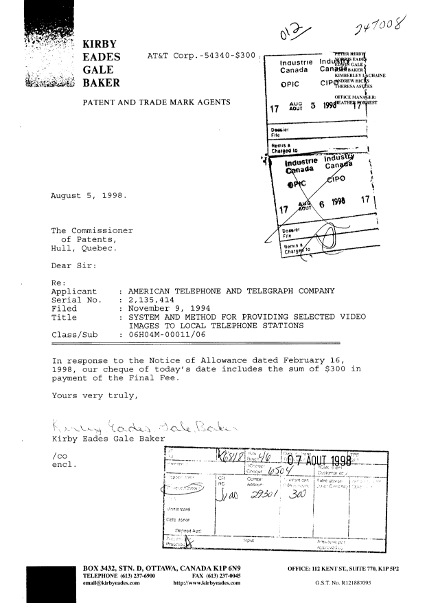 Document de brevet canadien 2135414. Correspondance 19980805. Image 1 de 1