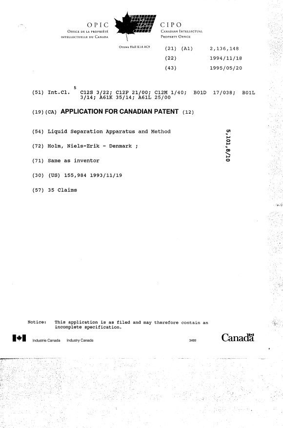 Canadian Patent Document 2136148. Cover Page 19951104. Image 1 of 1