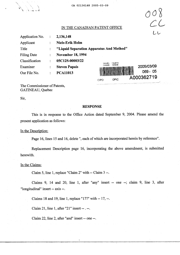Canadian Patent Document 2136148. Prosecution-Amendment 20050309. Image 1 of 19