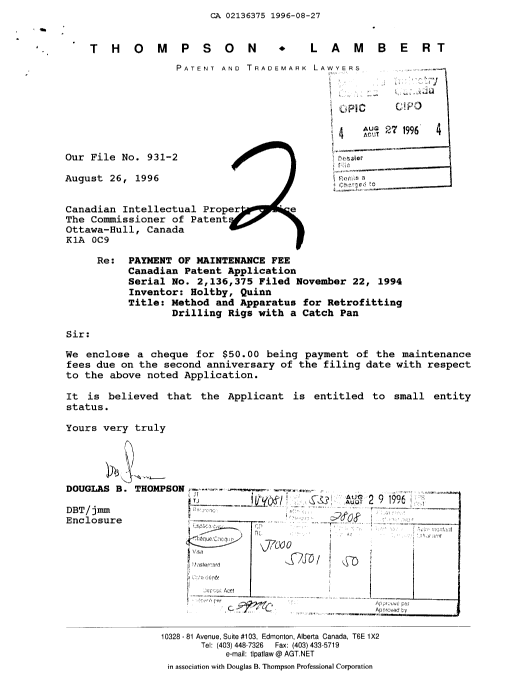 Canadian Patent Document 2136375. Fees 19951227. Image 1 of 1