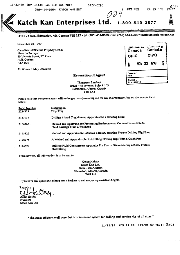 Document de brevet canadien 2136375. Correspondance 19991122. Image 1 de 1