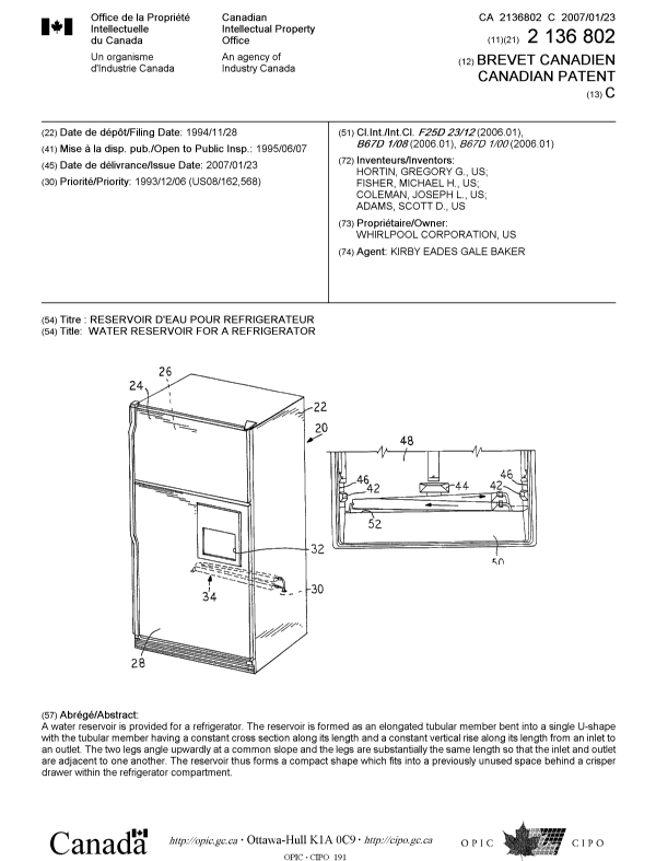 Canadian Patent Document 2136802. Cover Page 20061219. Image 1 of 1