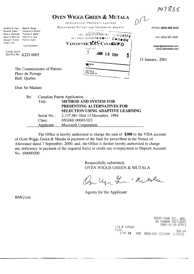 Document de brevet canadien 2137981. Correspondance 20010115. Image 1 de 1