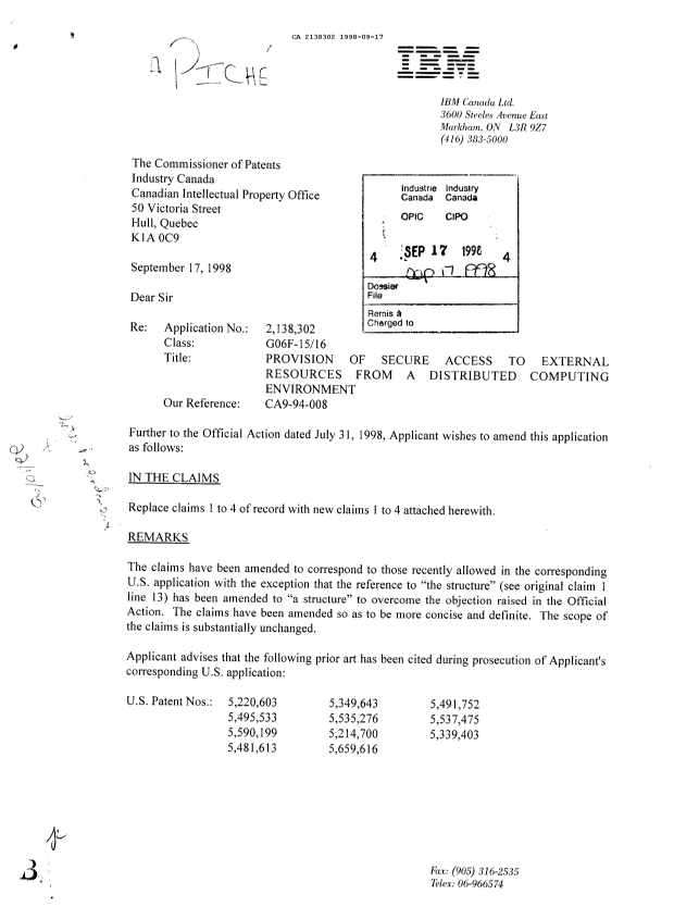 Canadian Patent Document 2138302. Prosecution-Amendment 19971217. Image 1 of 2