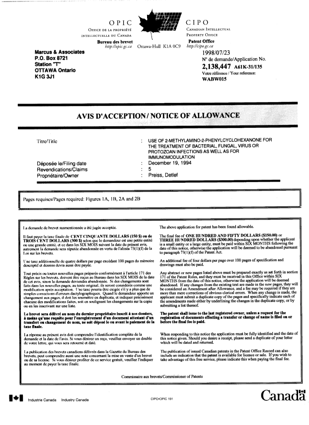 Canadian Patent Document 2138447. Correspondence 19971223. Image 1 of 1