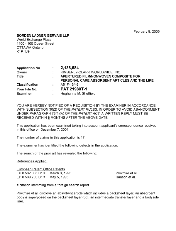 Canadian Patent Document 2138584. Prosecution-Amendment 20050209. Image 1 of 3