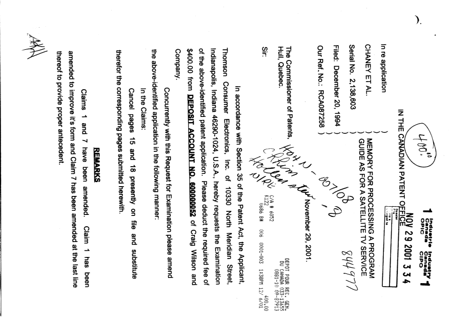 Canadian Patent Document 2138603. Prosecution-Amendment 20001229. Image 1 of 5