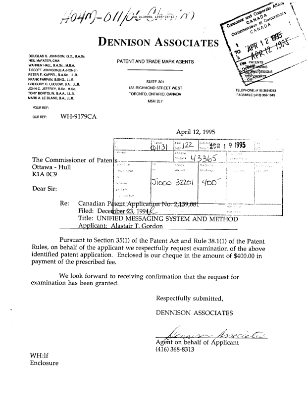Document de brevet canadien 2139081. Correspondance de la poursuite 19950412. Image 1 de 1