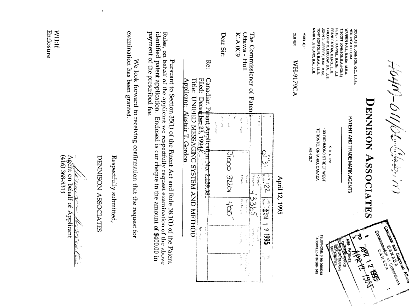 Canadian Patent Document 2139081. Prosecution Correspondence 19950412. Image 1 of 1