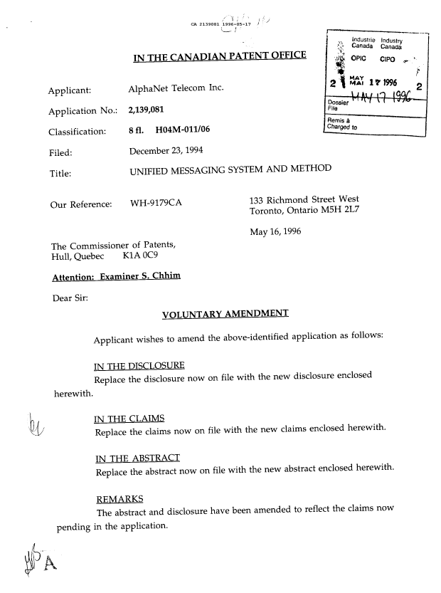 Canadian Patent Document 2139081. Prosecution Correspondence 19960517. Image 1 of 2