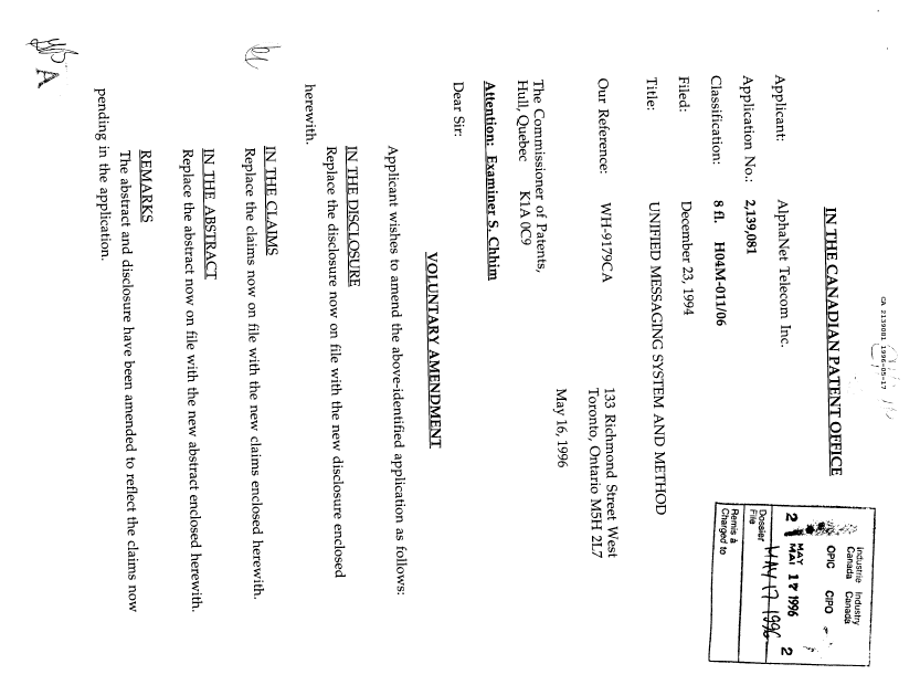 Canadian Patent Document 2139081. Prosecution Correspondence 19960517. Image 1 of 2