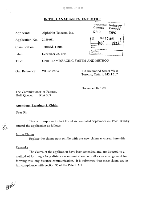 Canadian Patent Document 2139081. Prosecution-Amendment 19961217. Image 1 of 2