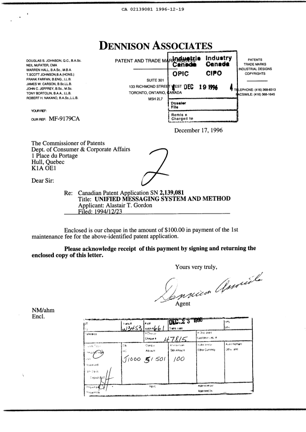 Document de brevet canadien 2139081. Taxes 19961219. Image 1 de 1
