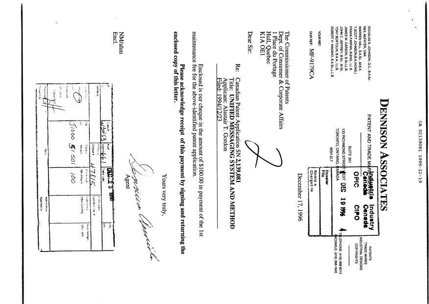 Canadian Patent Document 2139081. Fees 19961219. Image 1 of 1