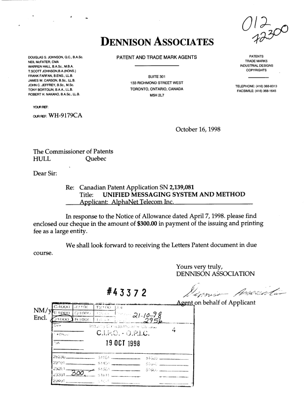 Canadian Patent Document 2139081. Correspondence 19971219. Image 1 of 1