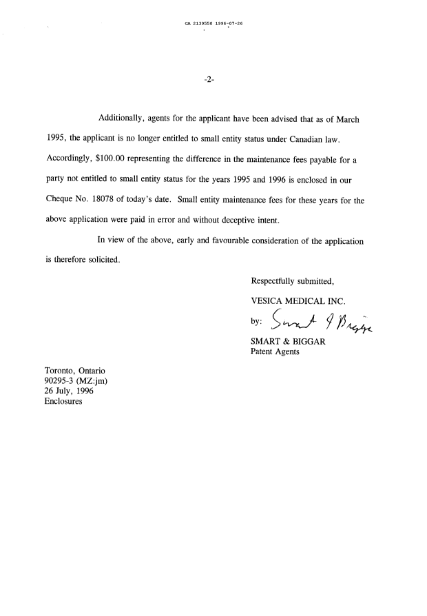 Canadian Patent Document 2139550. Prosecution Correspondence 19960726. Image 1 of 2