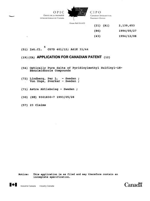 Canadian Patent Document 2139653. Cover Page 19941211. Image 1 of 1