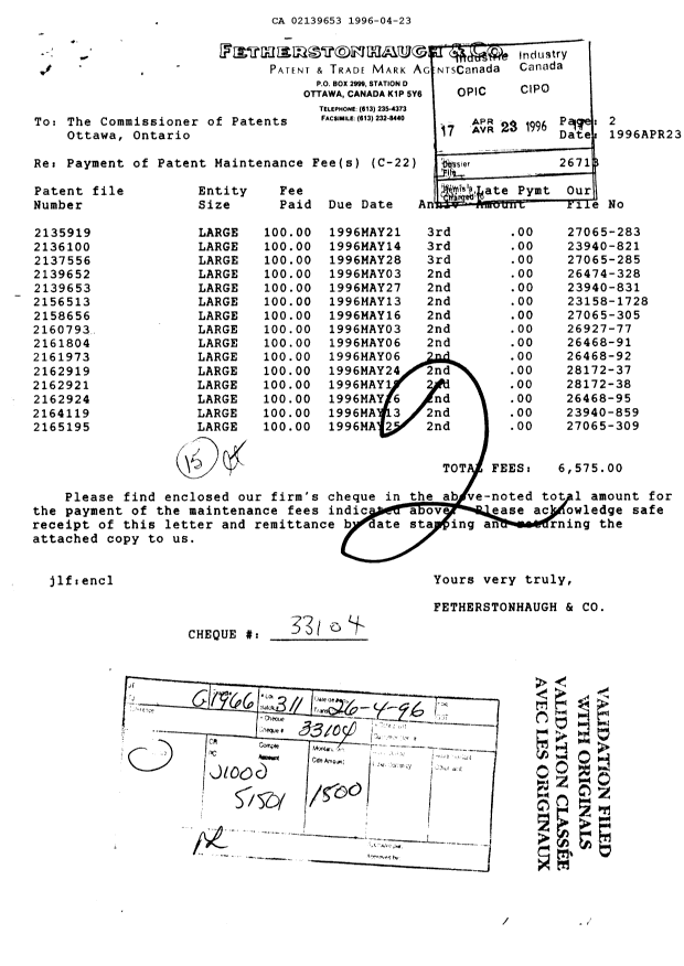 Canadian Patent Document 2139653. Fees 19951223. Image 1 of 1