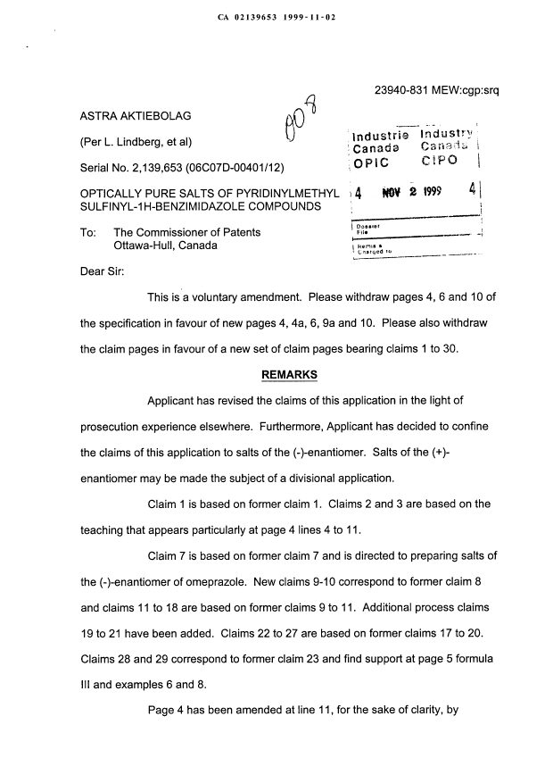 Canadian Patent Document 2139653. Prosecution-Amendment 19981202. Image 1 of 17