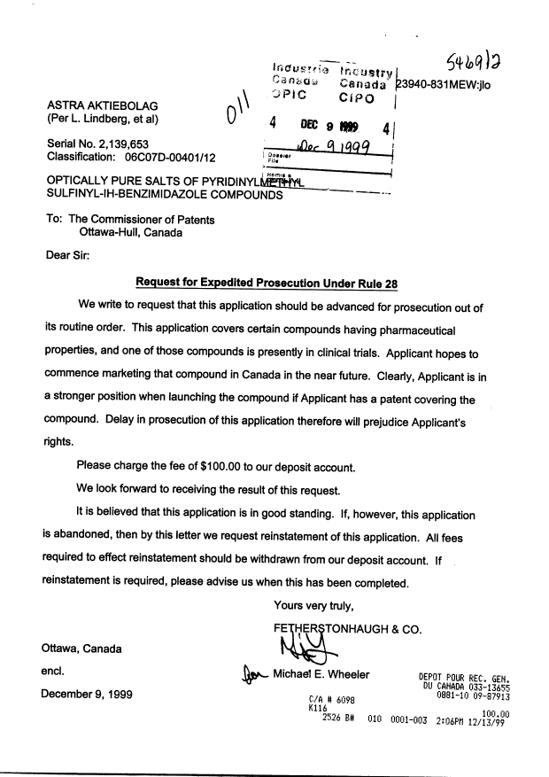 Canadian Patent Document 2139653. Prosecution-Amendment 19981209. Image 1 of 1