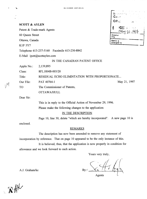 Canadian Patent Document 2139895. Prosecution Correspondence 19970521. Image 1 of 1