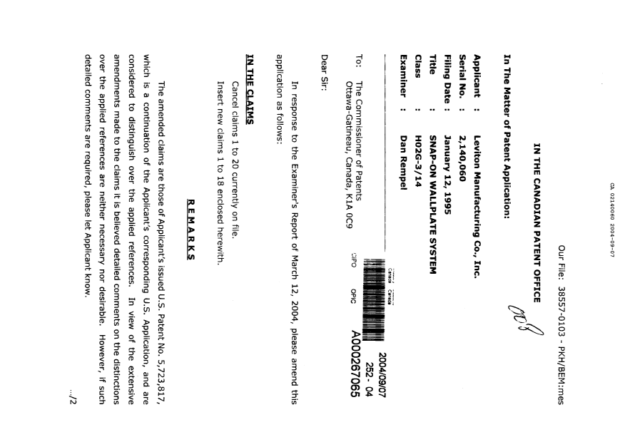 Canadian Patent Document 2140060. Prosecution-Amendment 20040907. Image 1 of 19