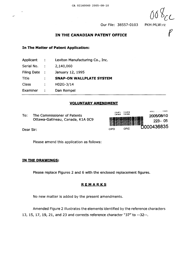 Canadian Patent Document 2140060. Prosecution-Amendment 20050810. Image 1 of 4