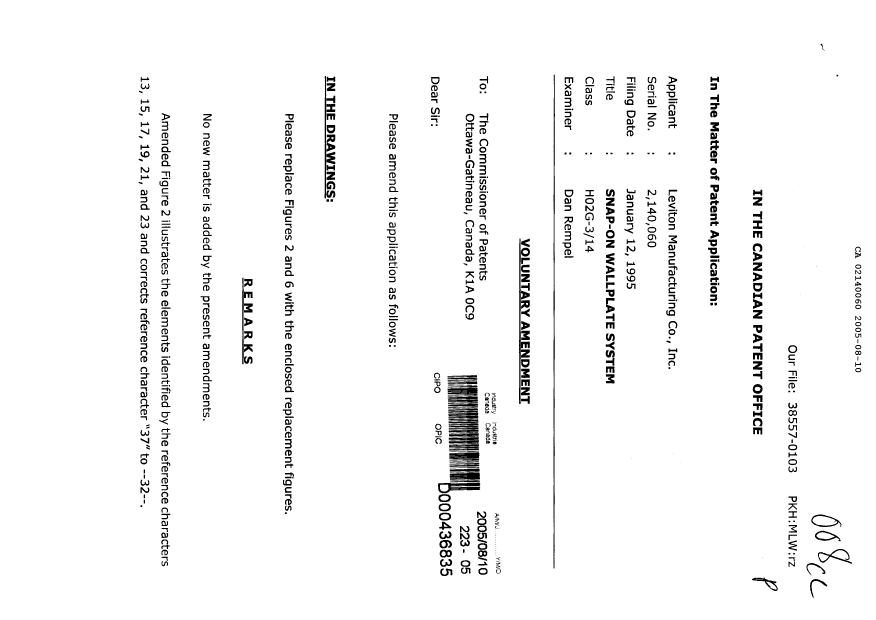 Canadian Patent Document 2140060. Prosecution-Amendment 20050810. Image 1 of 4