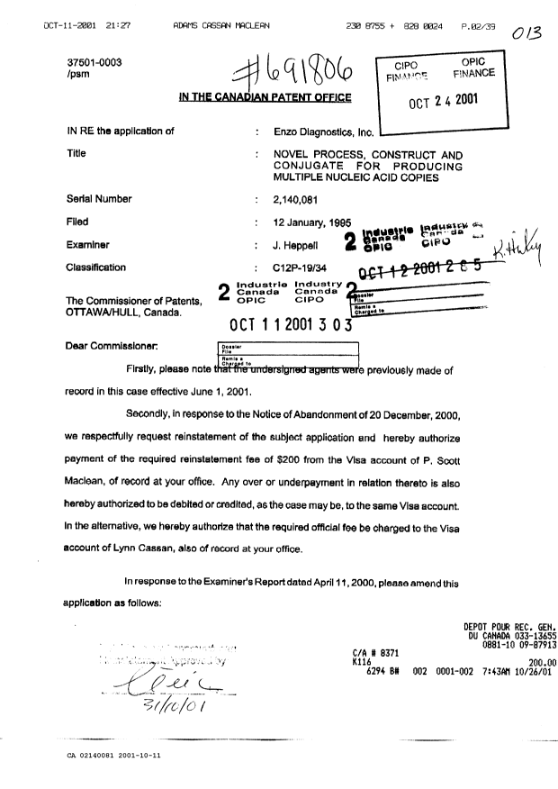 Document de brevet canadien 2140081. Correspondance 20011011. Image 1 de 38