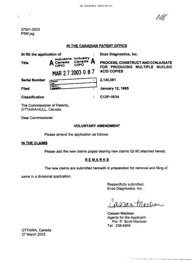 Document de brevet canadien 2140081. Poursuite-Amendment 20030327. Image 1 de 6