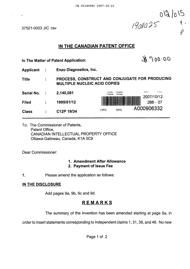 Document de brevet canadien 2140081. Poursuite-Amendment 20071012. Image 1 de 6