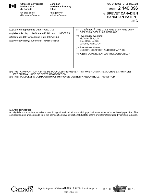 Canadian Patent Document 2140096. Cover Page 20010711. Image 1 of 1