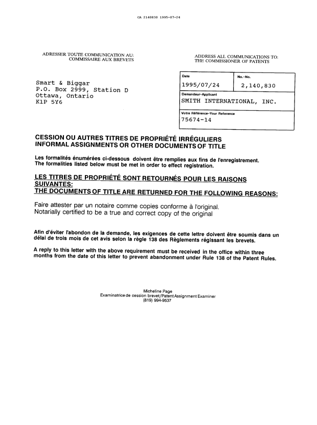 Document de brevet canadien 2140830. Lettre du bureau 19950724. Image 1 de 1