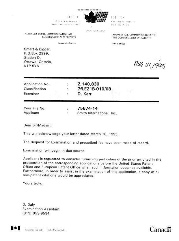 Document de brevet canadien 2140830. Lettre du bureau 19950821. Image 1 de 1