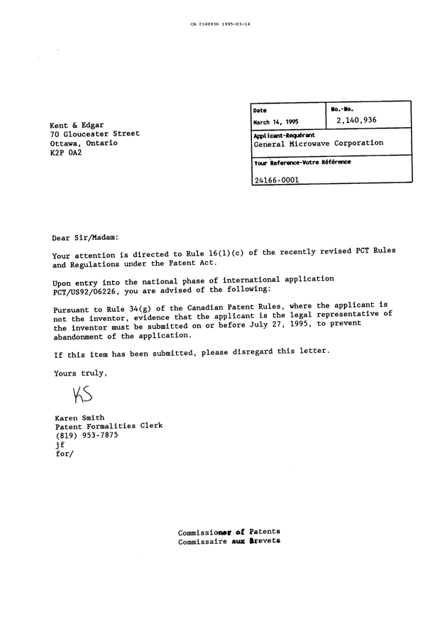 Document de brevet canadien 2140936. Lettre du bureau 19950314. Image 1 de 1