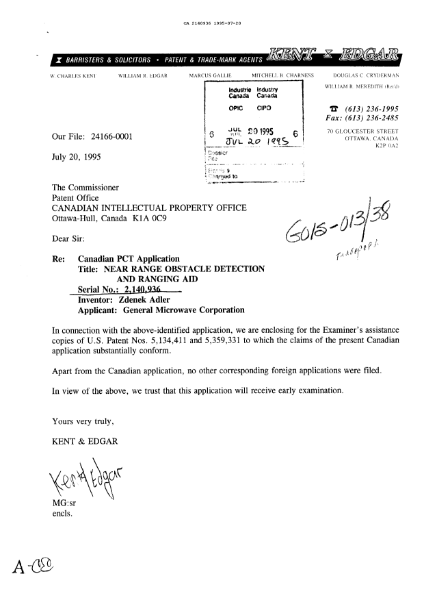 Document de brevet canadien 2140936. Correspondance de la poursuite 19950720. Image 1 de 1