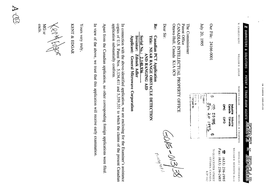Canadian Patent Document 2140936. Prosecution Correspondence 19950720. Image 1 of 1