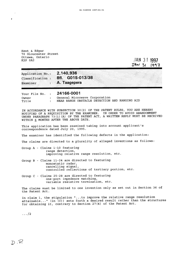 Document de brevet canadien 2140936. Demande d'examen 19970131. Image 1 de 2