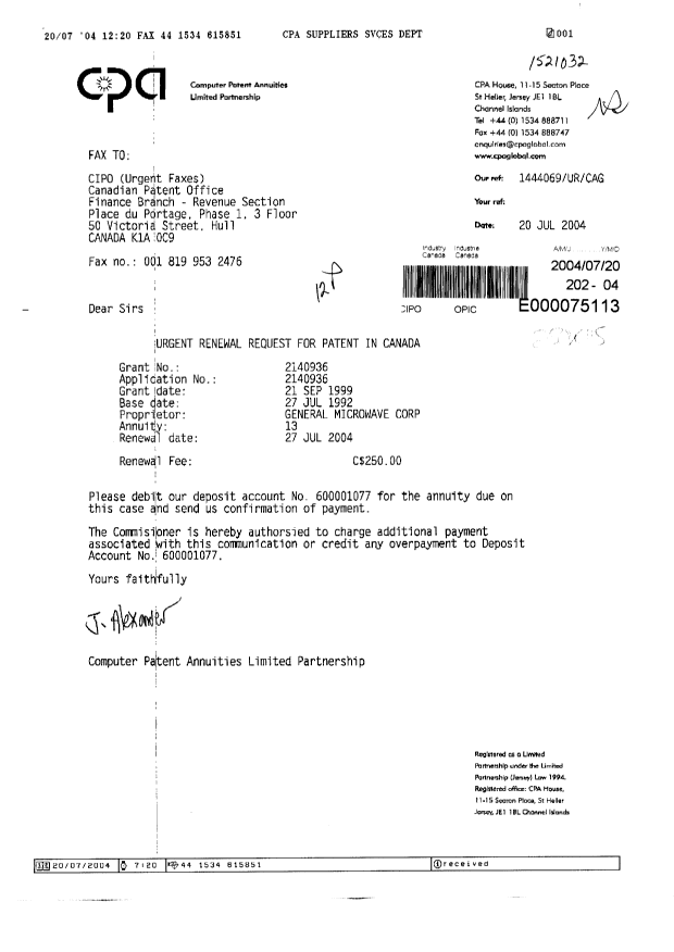Canadian Patent Document 2140936. Fees 20040720. Image 1 of 1